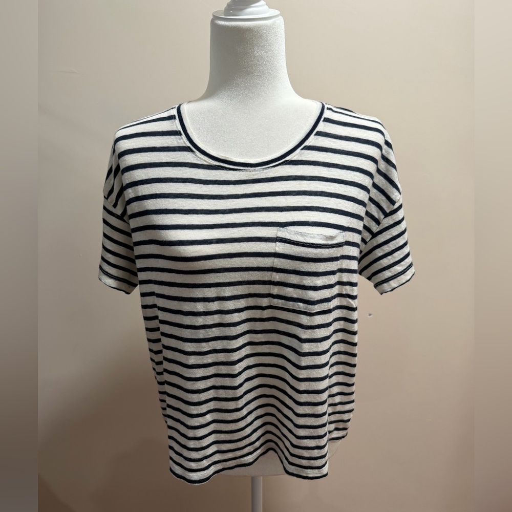 Faherty Navy & White Striped Sonoma 100% Linen Pocket Short Sleeve Tee Top Sz. M - Picture 2 of 8